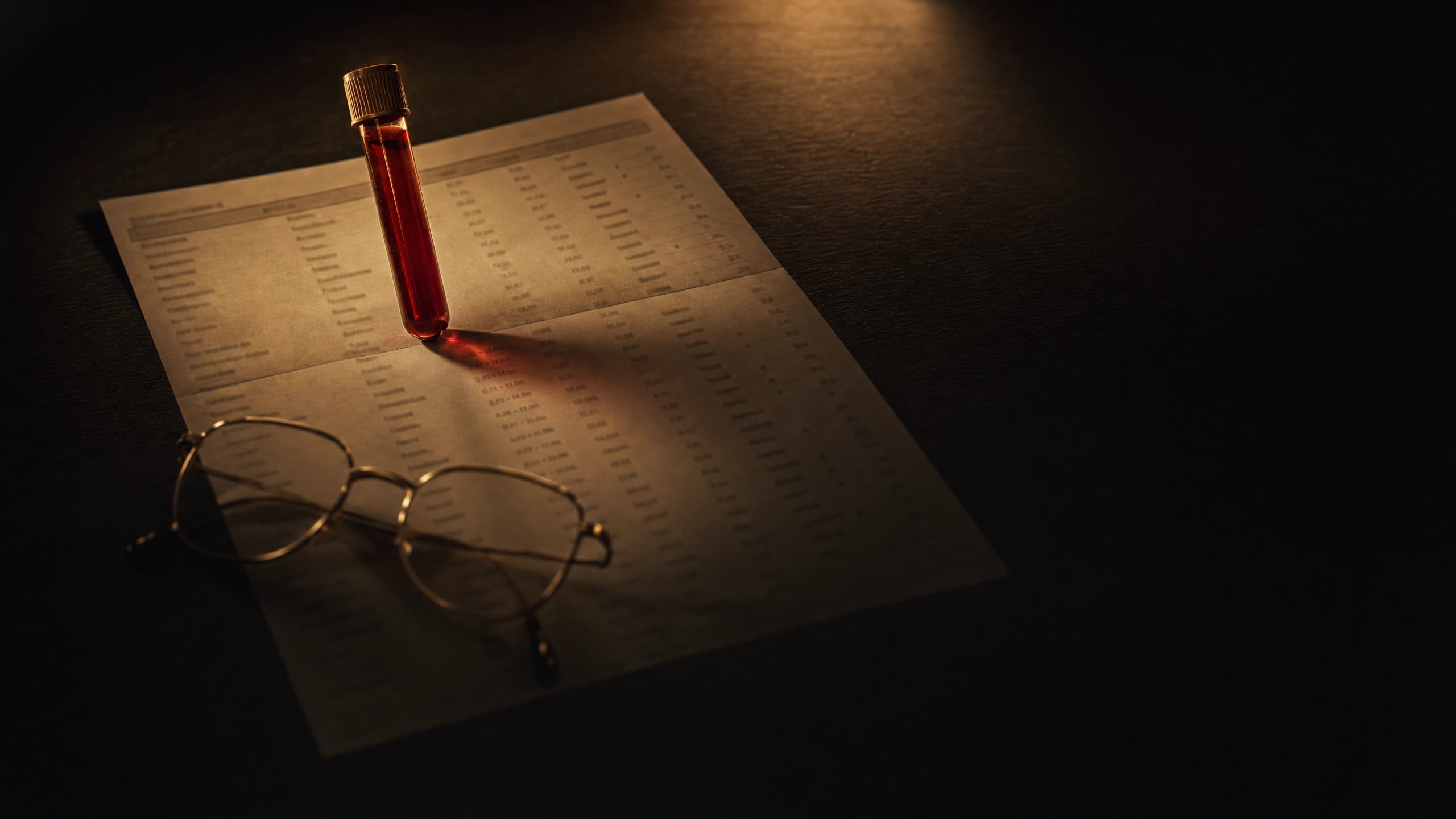 A capped vial of blood standing on a printed lab results sheet, with reading glasses resting beside it under a warm pool of light