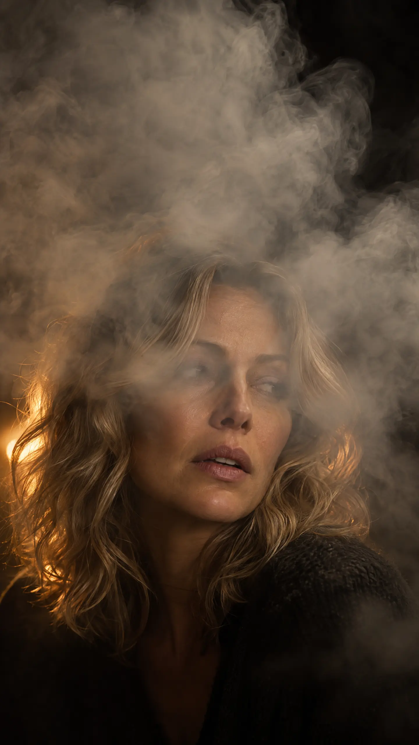 A woman&rsquo;s face half-hidden in drifting smoke