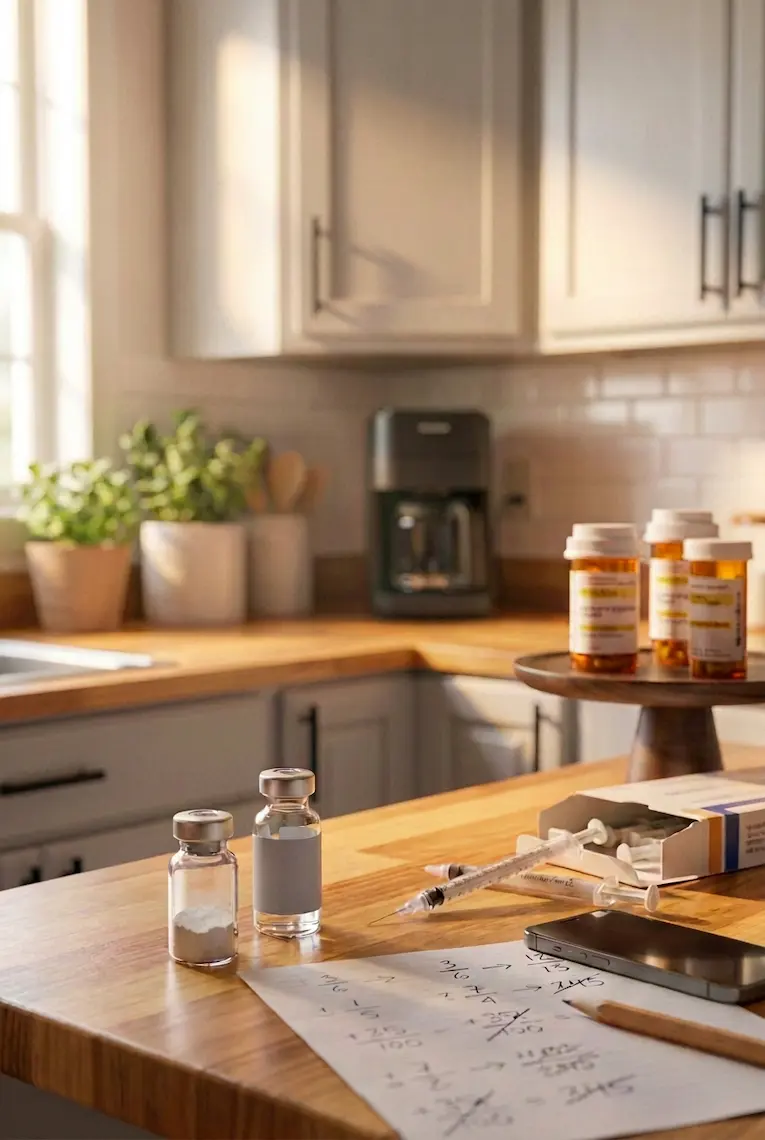 A kitchen counter in morning light: an unmixed peptide vial, bacteriostatic water, syringes and a page of handwritten dosing math, with prescription bottles by the coffee maker behind