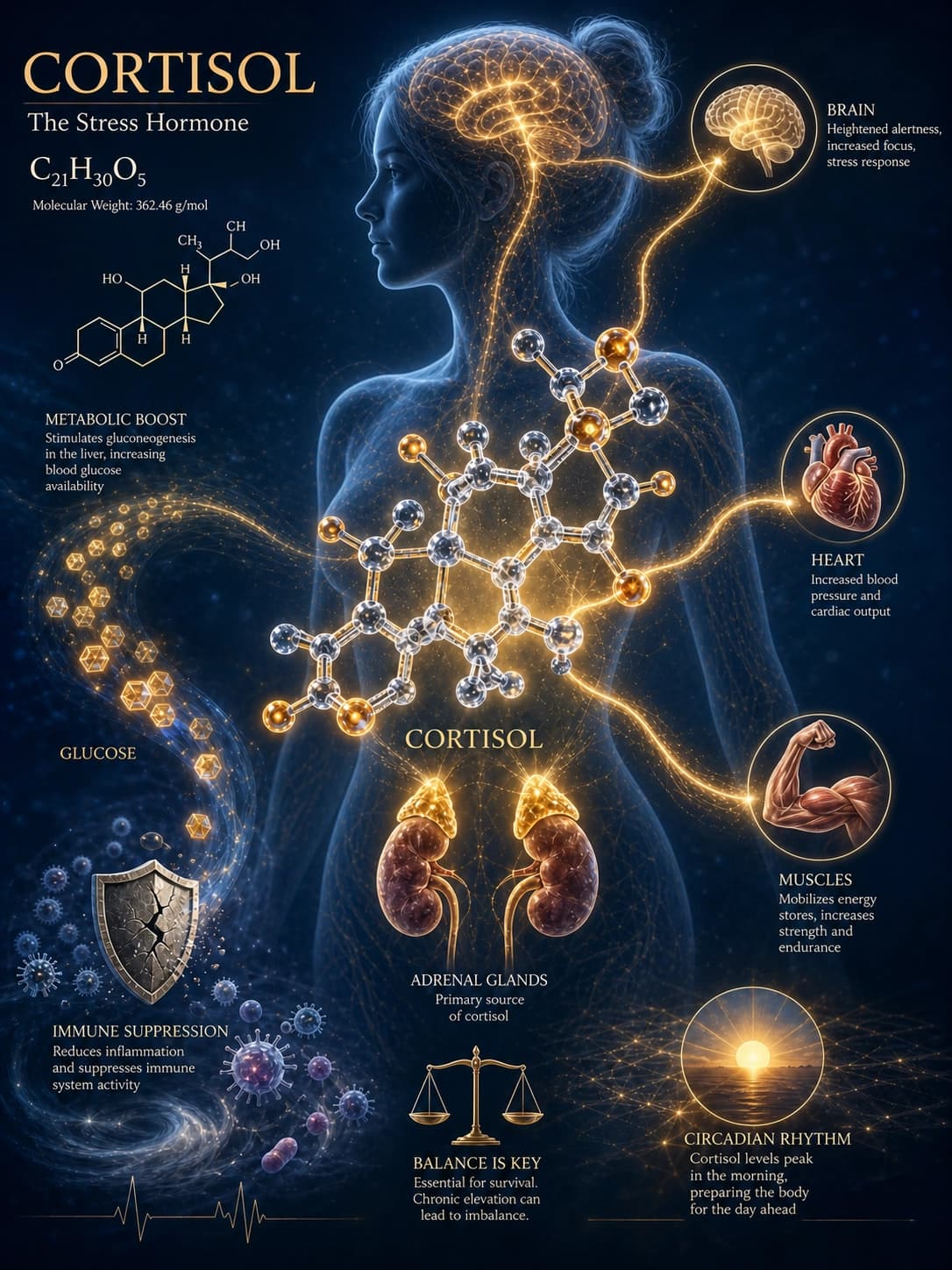 Cortisol's effects on the body: brain, heart, muscles, metabolism, immune system, adrenal glands, and circadian rhythm