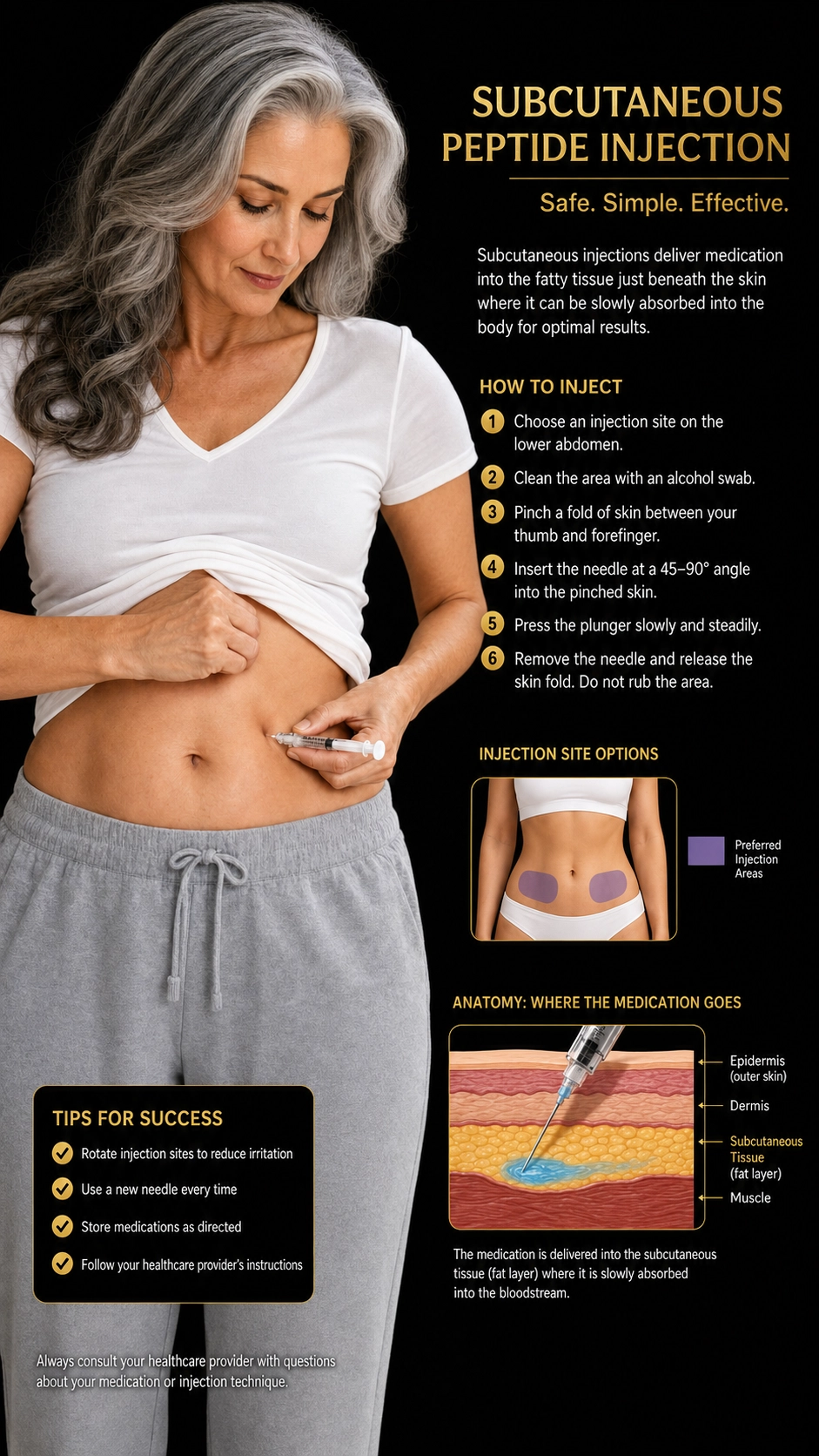 Subcutaneous peptide injection into the lower abdomen
