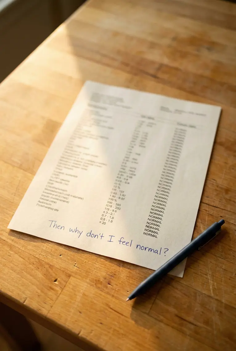 A printed lab report on a kitchen table, every line marked NORMAL, with a handwritten note at the bottom: Then why don't I feel normal?