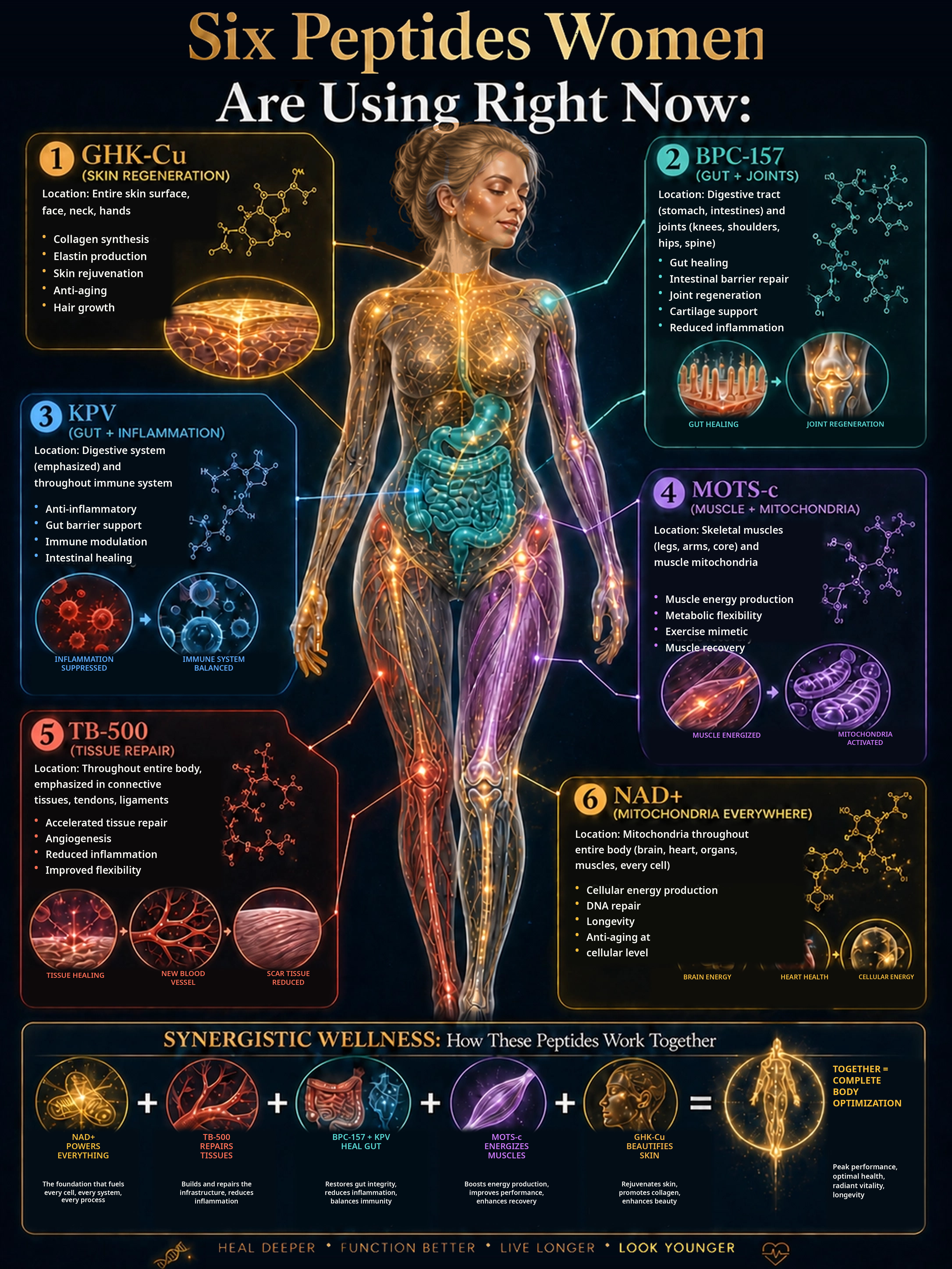Six Peptides Women Are Using Right Now — GHK-Cu, BPC-157, KPV, MOTS-c, TB-500, and NAD+ mapped to where each one works in the body