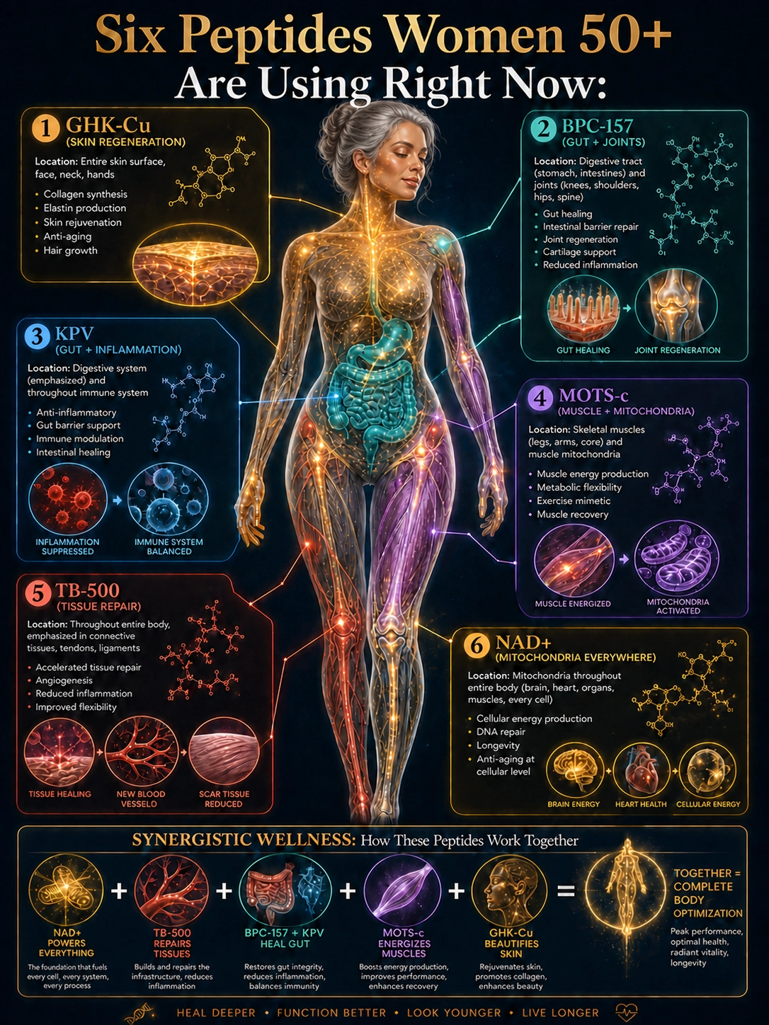 Six Peptides Women 50+ Are Using Right Now — GHK-Cu, BPC-157, KPV, MOTS-c, TB-500, and NAD+ mapped to where each one works in the body
