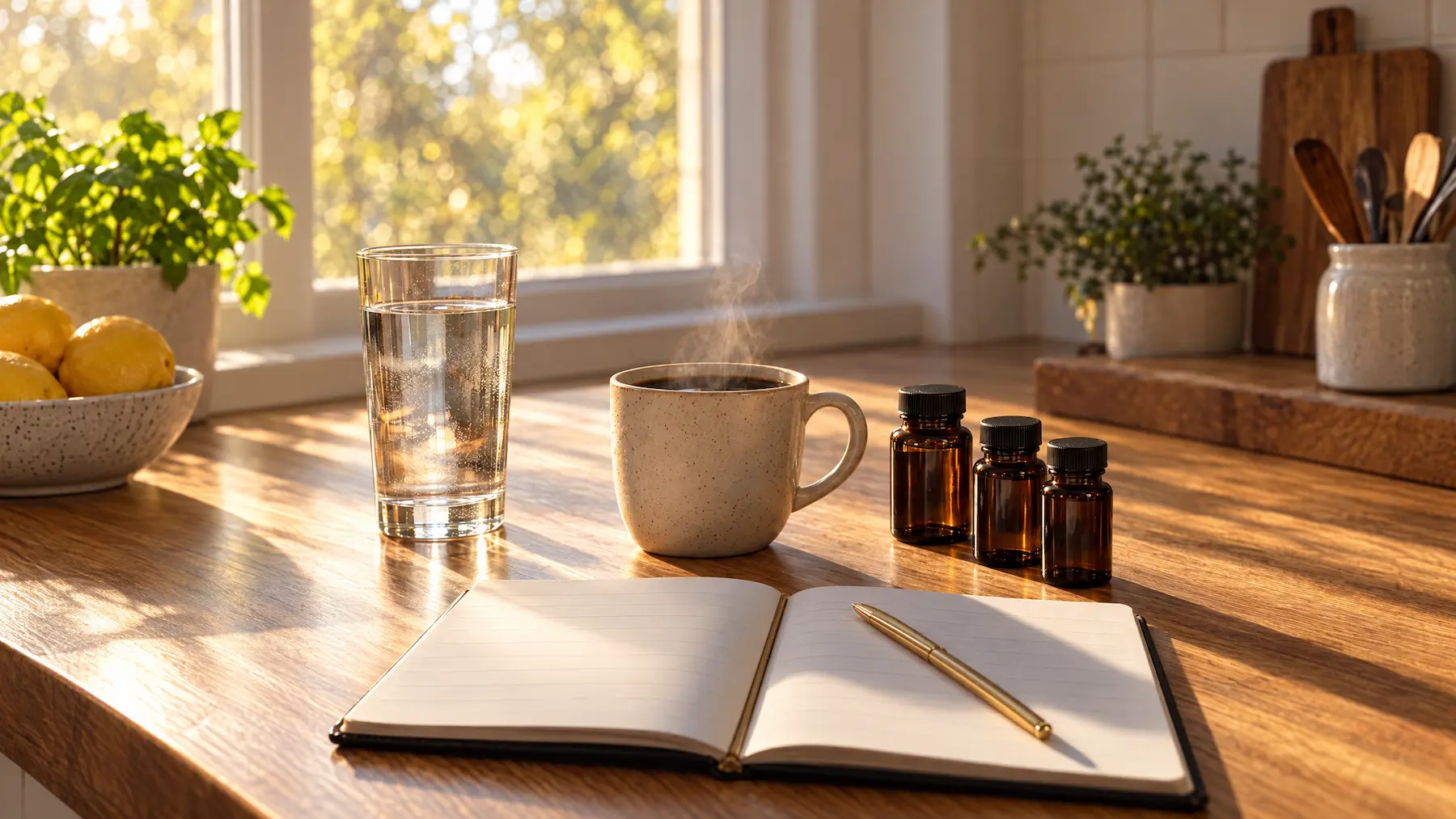 Morning sun on a kitchen counter: water, coffee, supplement bottles and an open journal