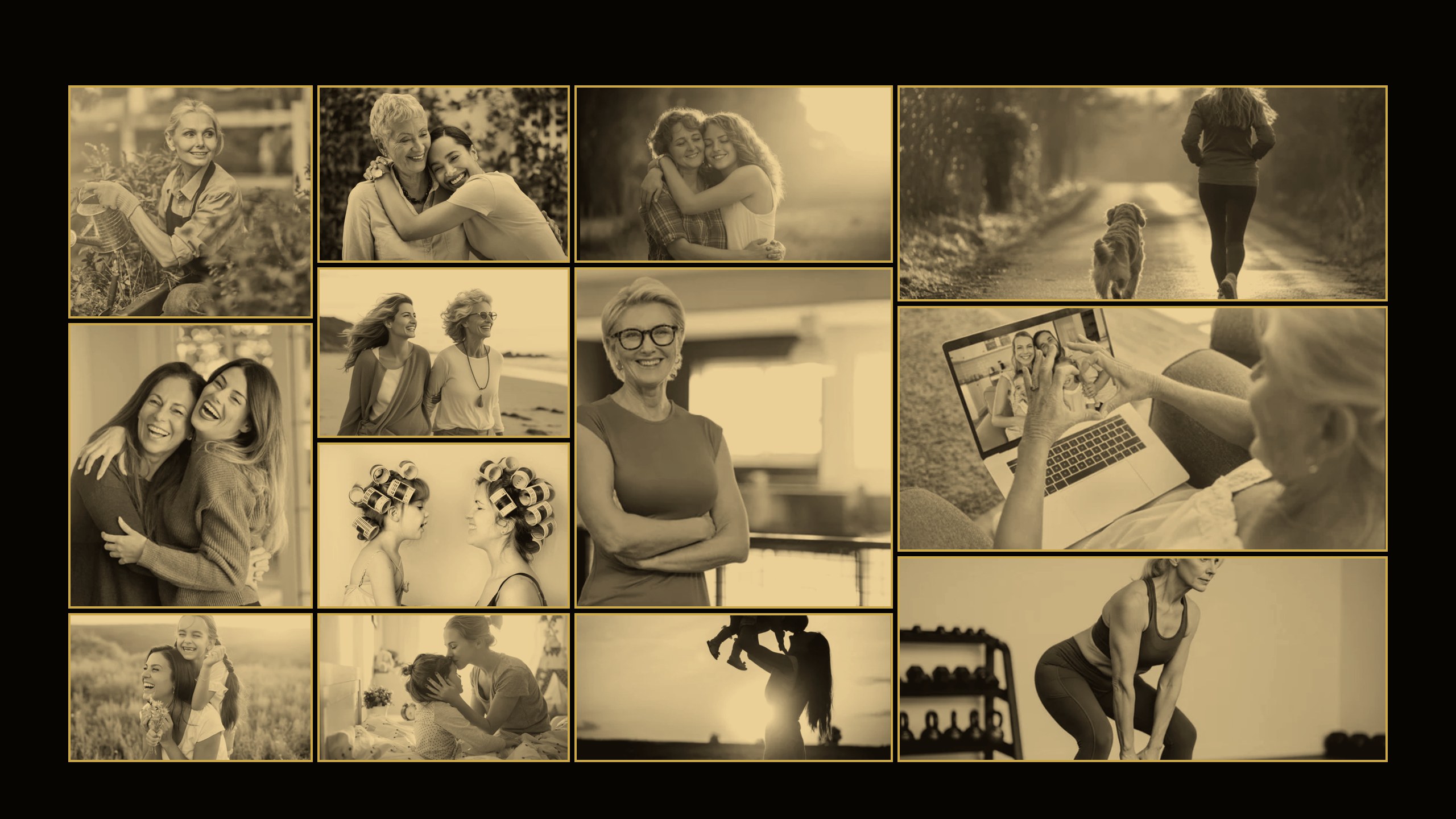 A mosaic of women of every age — gardening, lifting, running, laughing, embracing — living fully